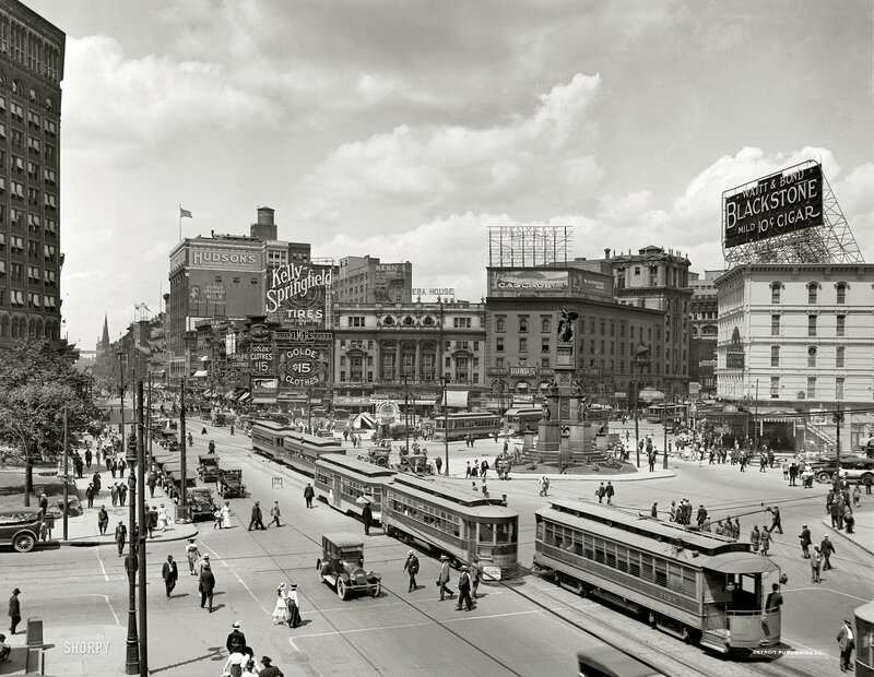 Detroit street scene with trolleys