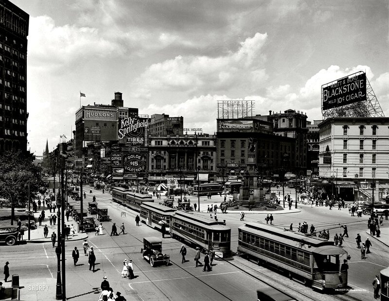 Detroit street scene with trolleys