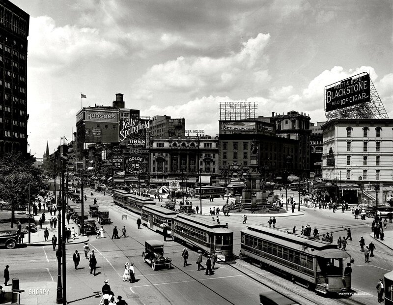 Detroit street scene with trolleys