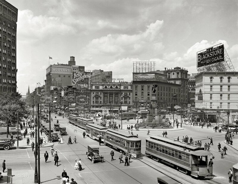 Detroit street scene with trolleys