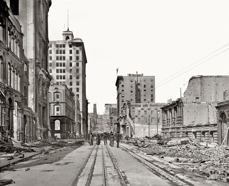 Devastated city street after disaster