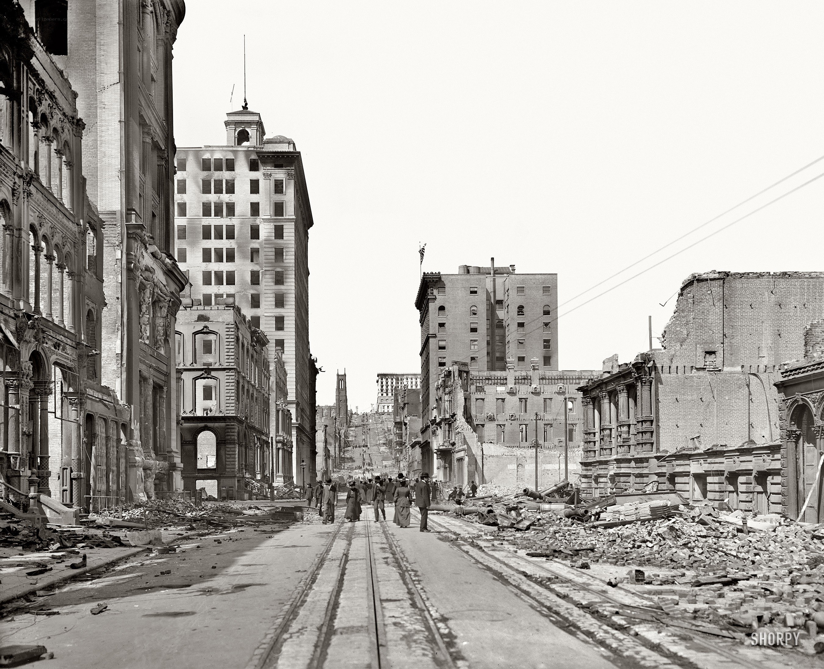 Devastated city street after disaster