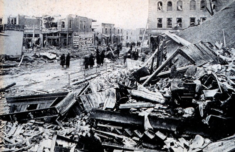 Devastated city street after disaster