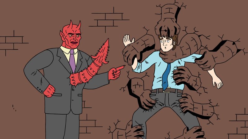 Devil and man in a wall