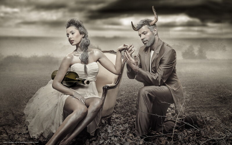 Devil and woman in field
