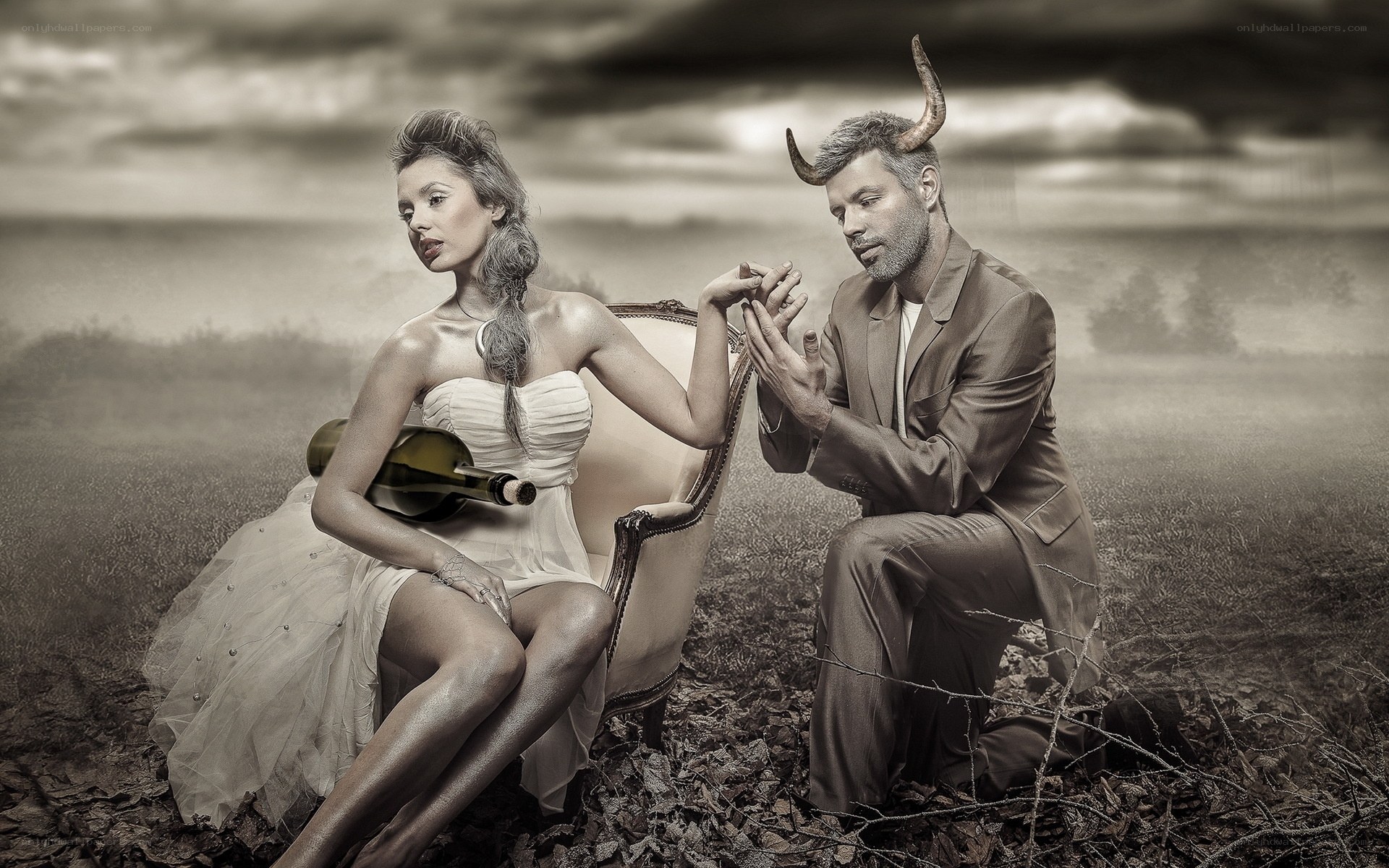 Devil and woman in field