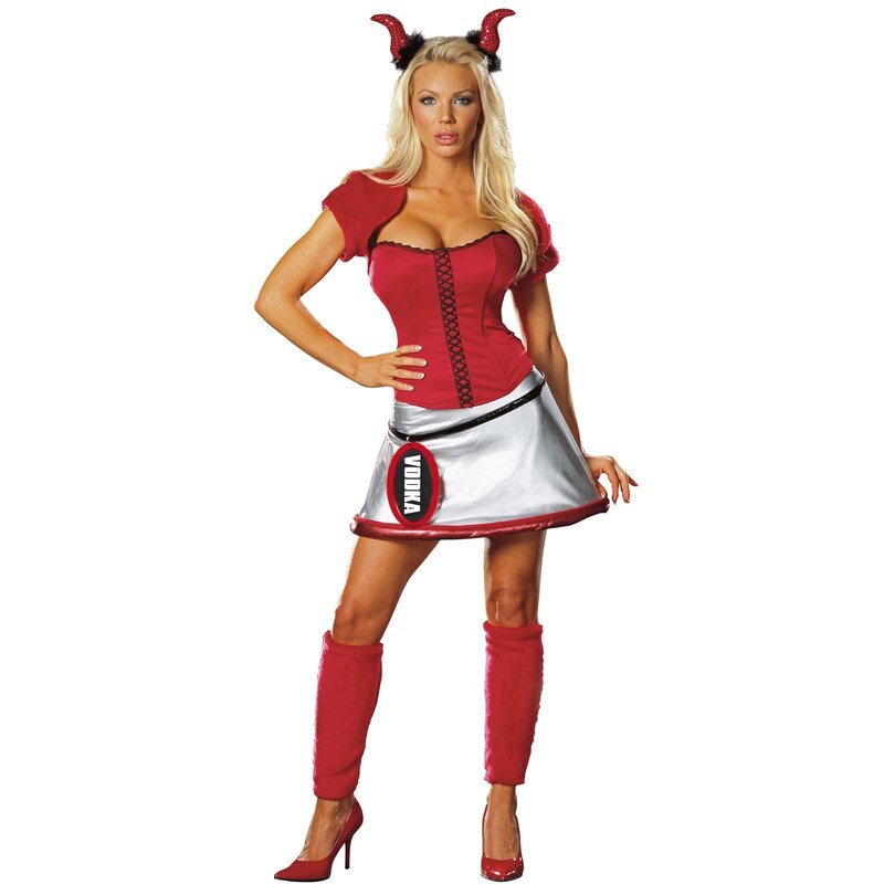 devil costume with vodka bottle