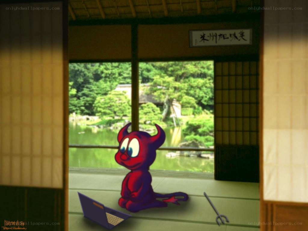 Devil using laptop in Japanese room