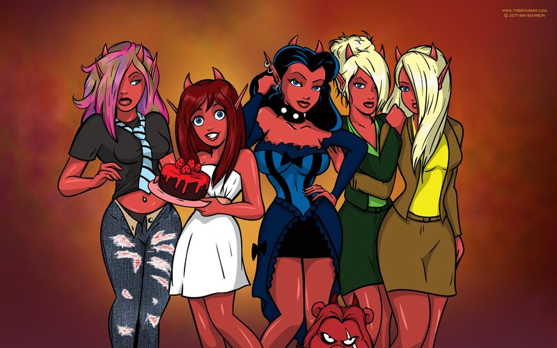 Devilish women with cake
