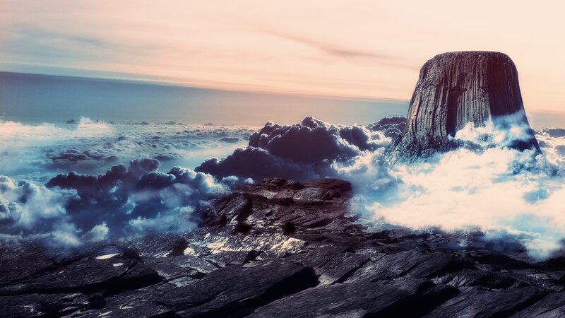 Devils Tower in Clouds — Blue, Dramatic