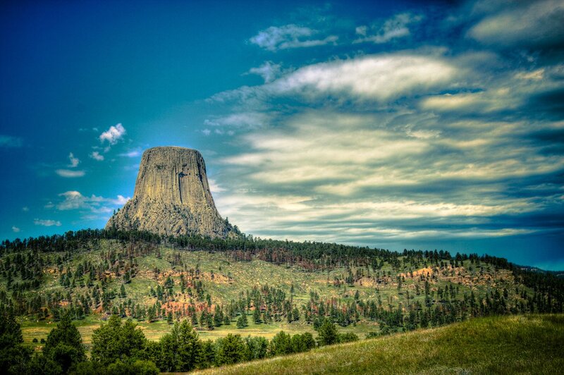 Devils Tower Rock Formation — Blue, Dramatic, Afternoon, Photograph, Mountain