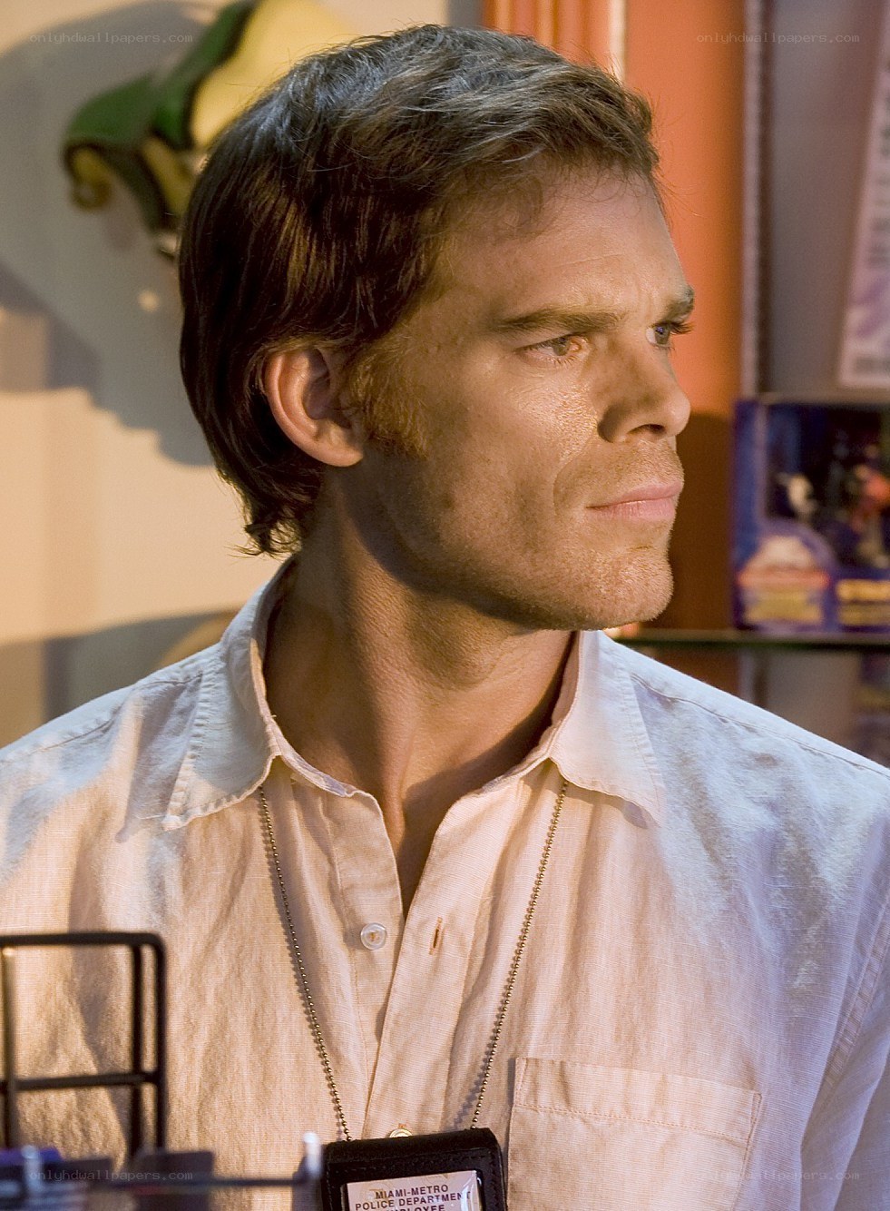 Dexter in a light shirt