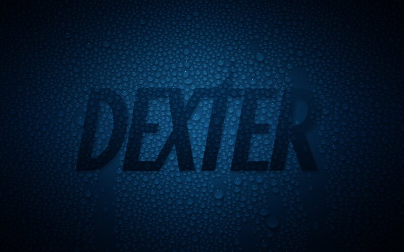 Dexter text on water droplets