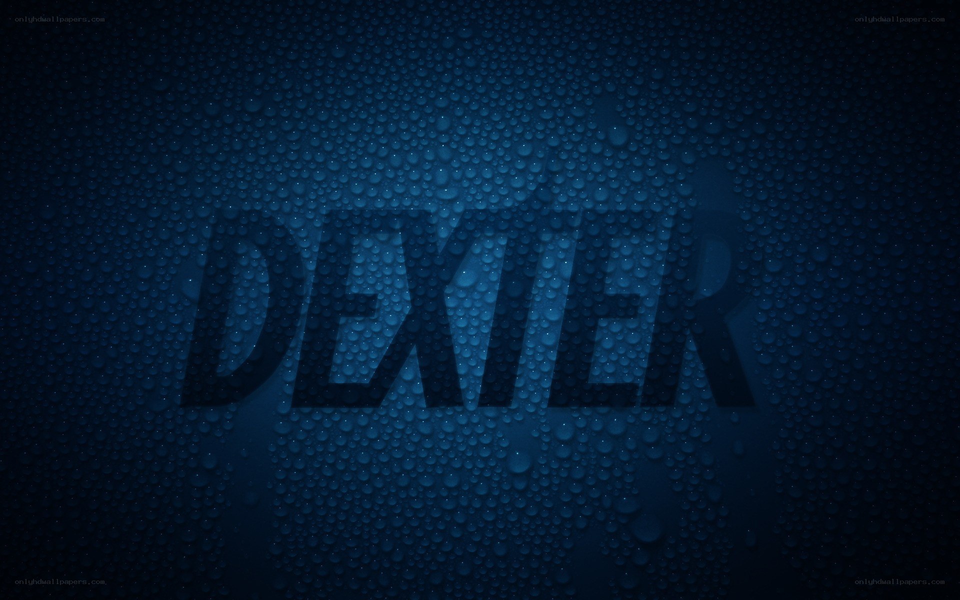 Dexter text on water droplets