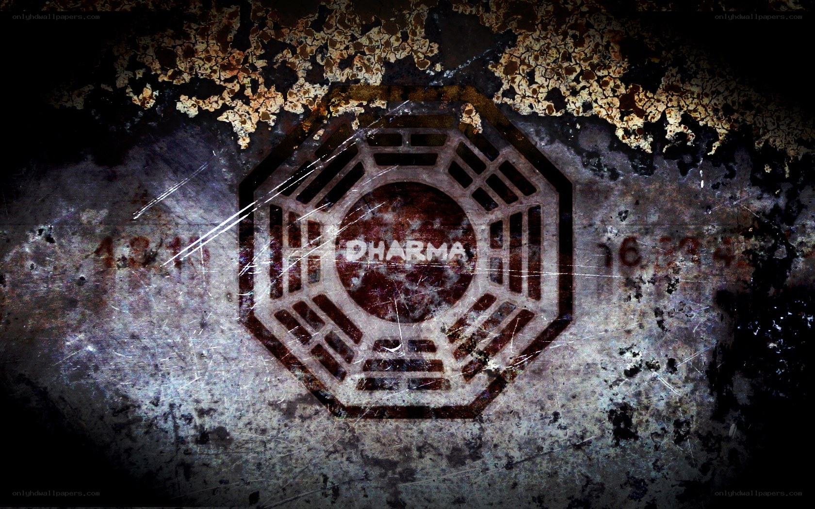 Dharma Initiative logo on weathered surface