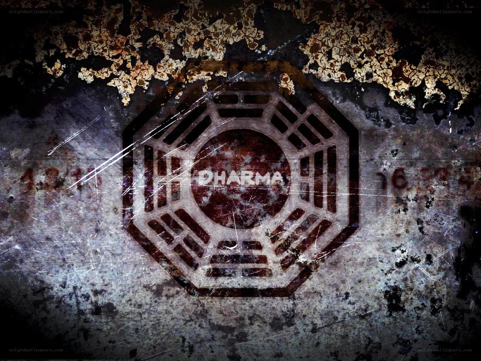 Dharma Initiative logo on weathered surface