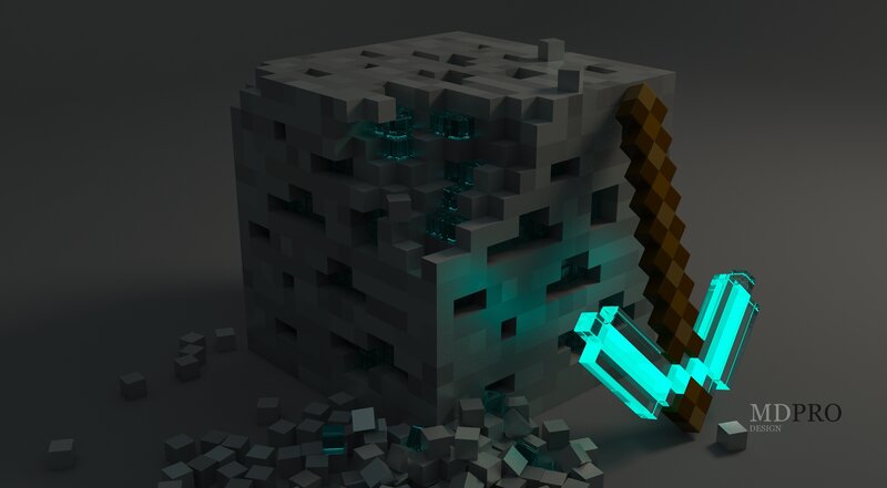 Diamond Ore Block — Gray, Dramatic, 3d Render, Diamond Pickaxe