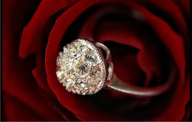 Diamond Ring on Rose — Red, Romantic, Photograph