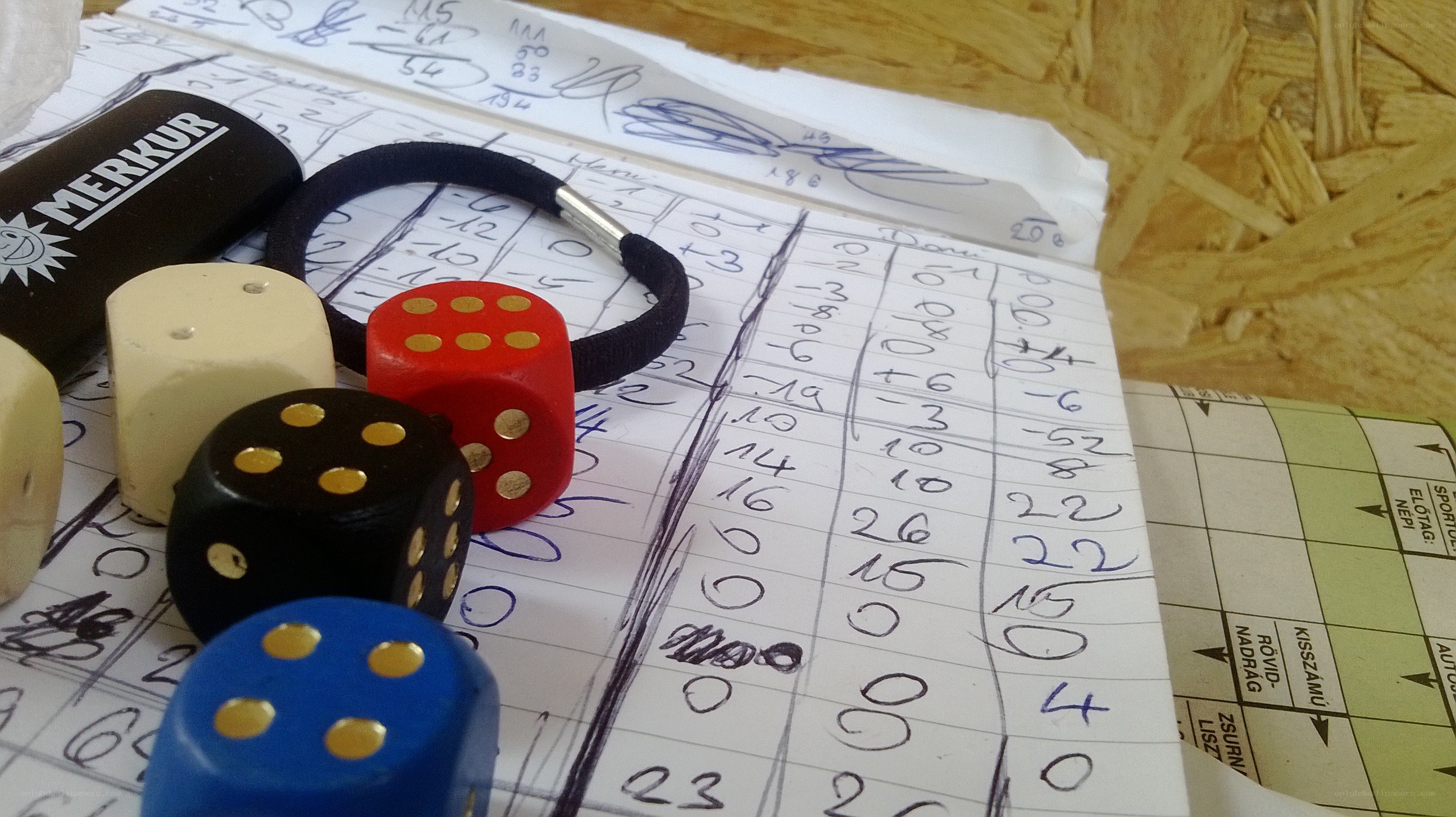 Dice and score sheet on table