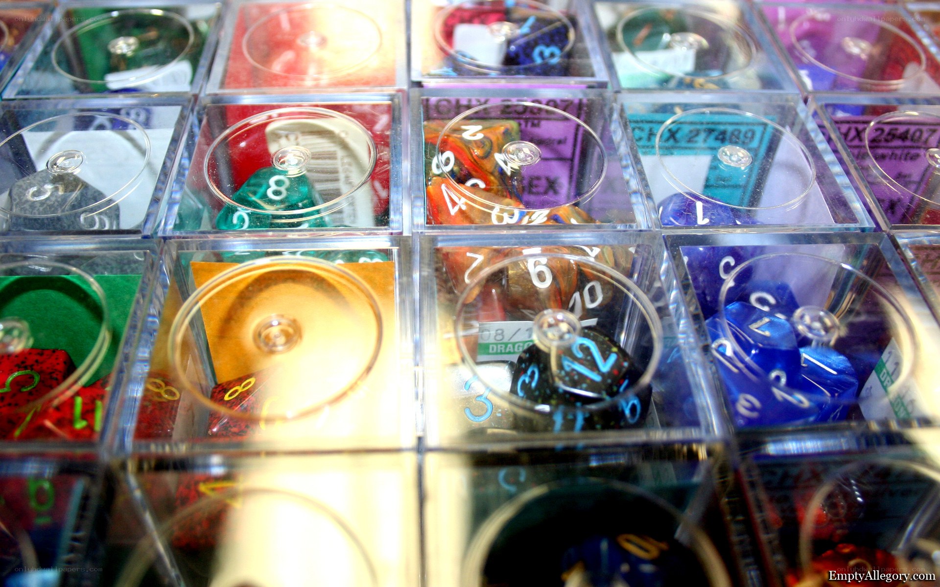 Dice collection in display cases