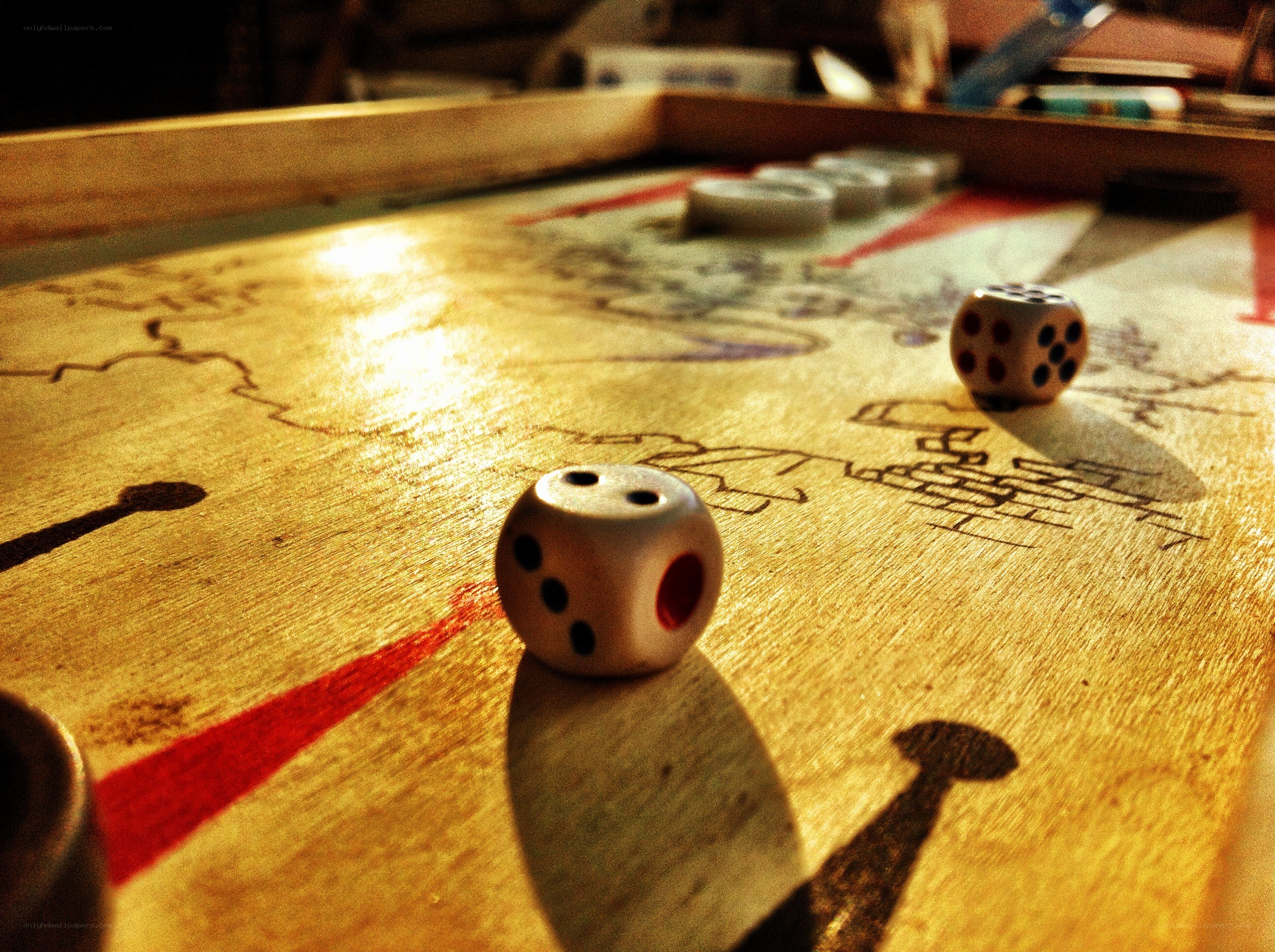 Dice on a backgammon board