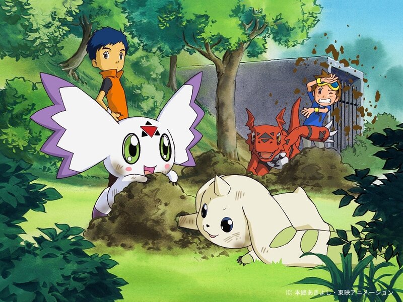 Digimon characters in a forest