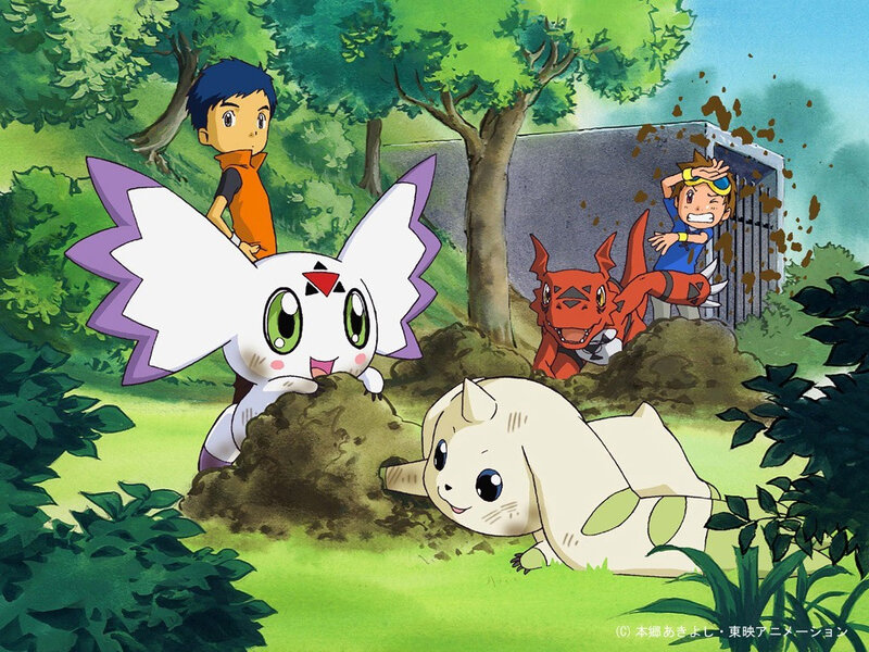 Digimon characters in a forest