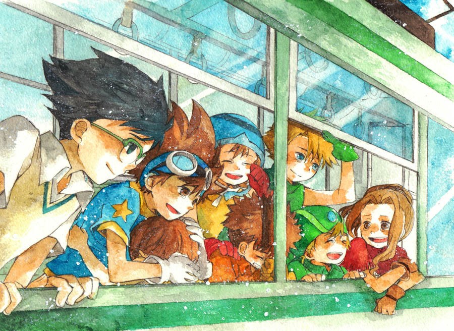 Digimon characters on a train
