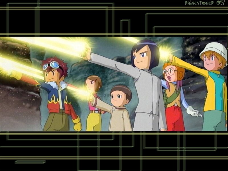 Digimon characters with light beams