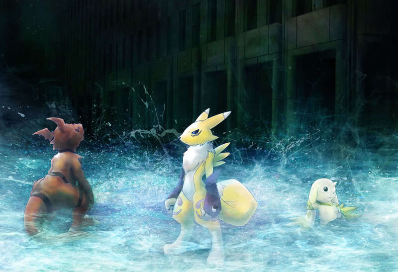 Digimon in a flooded city