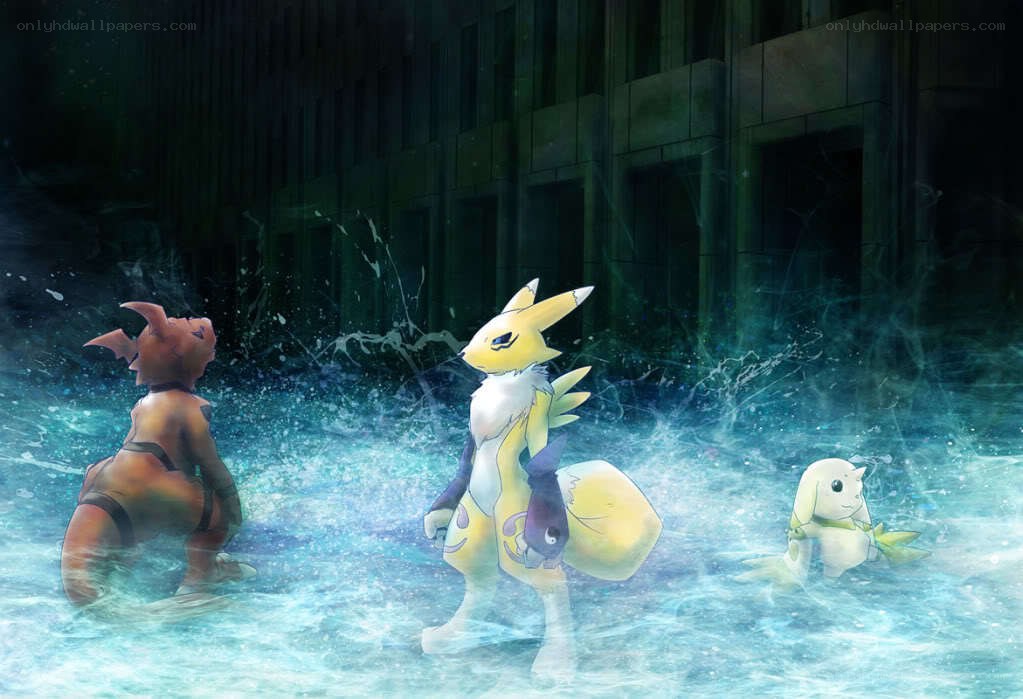 Digimon in a flooded city