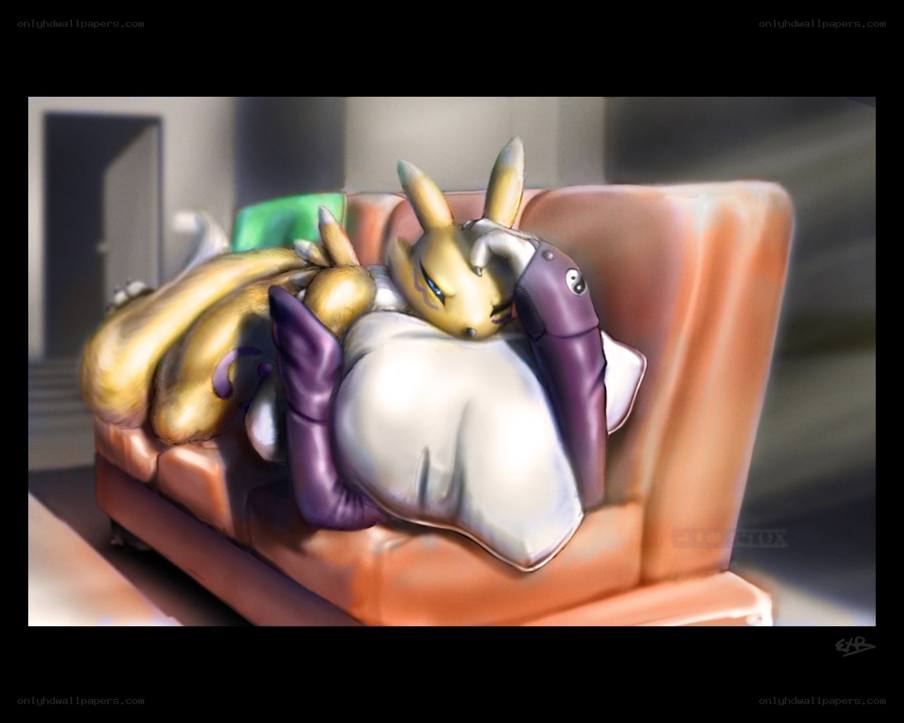 digimon sleeping on couch