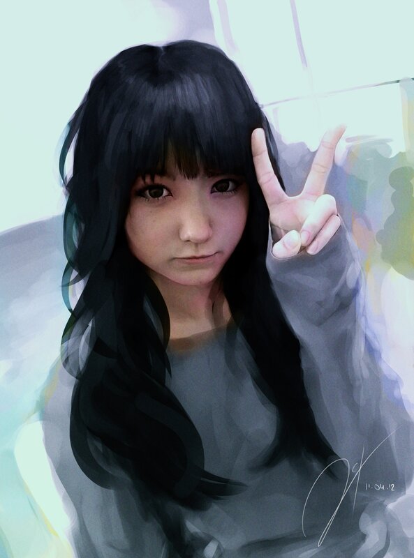 digital art of a girl making peace sign