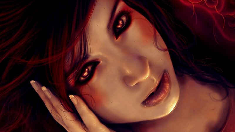 digital art of a woman with red eyes