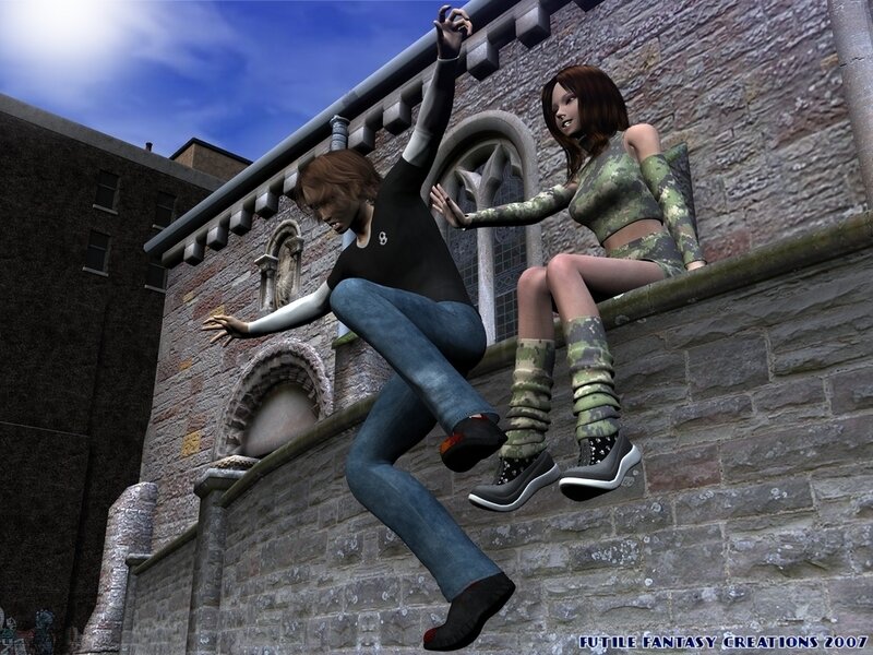 Digital art of two characters on a wall