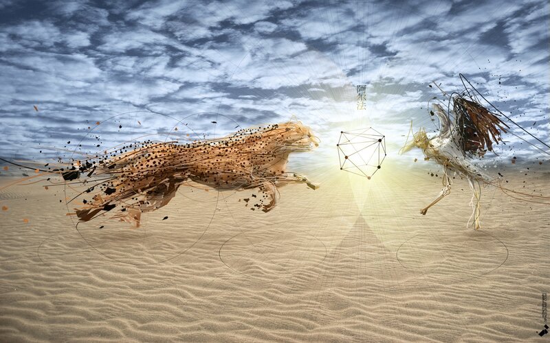 Digital art of two creatures in desert