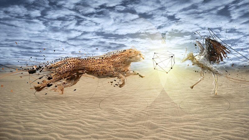 Digital art of two creatures in desert