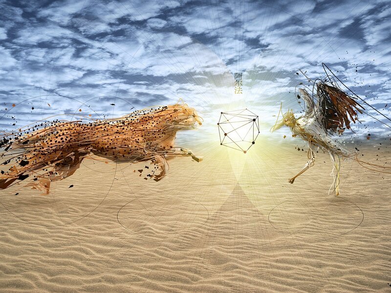 Digital art of two creatures in desert