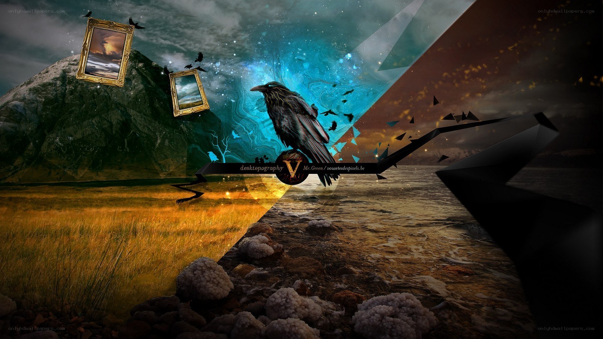 Digital art with crow and landscape