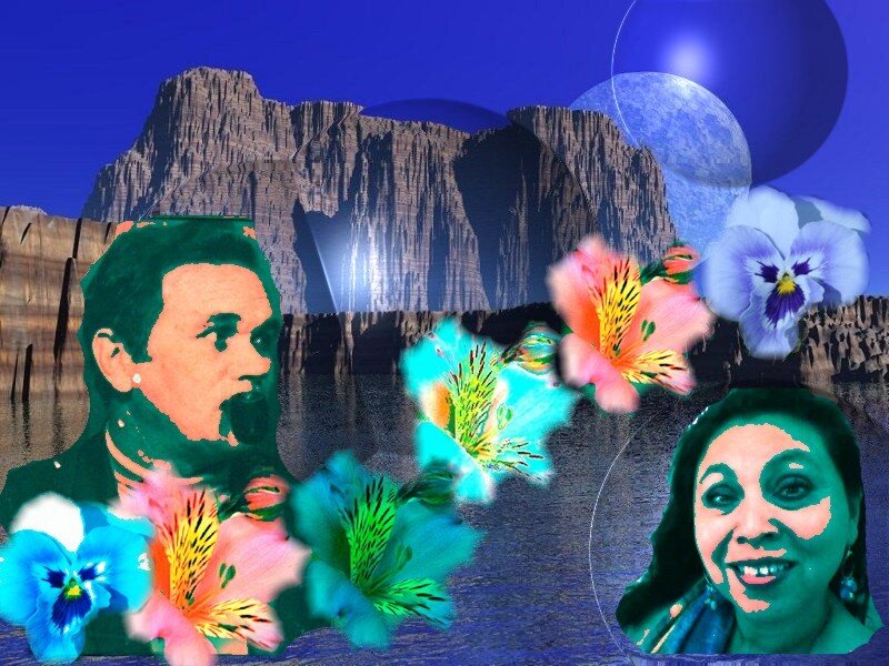 Digital art with faces and flowers