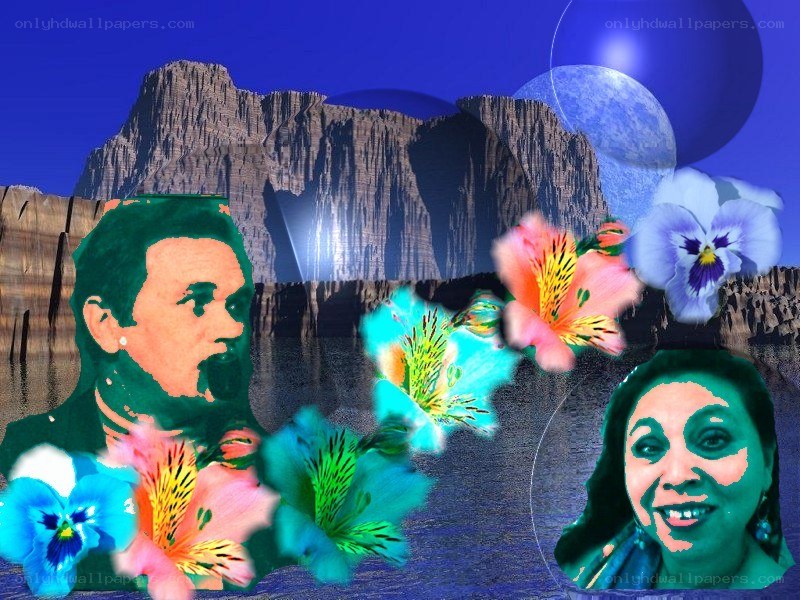 Digital art with faces and flowers
