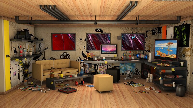 digital artist's messy studio