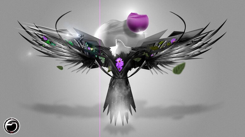 digital bird with purple flowers