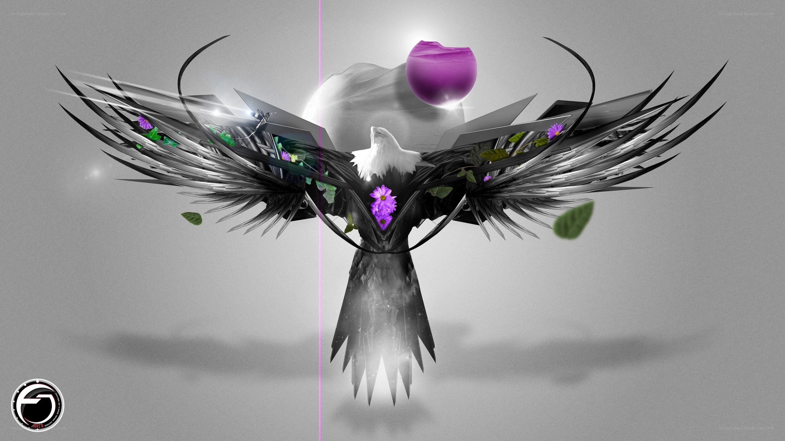 digital bird with purple flowers