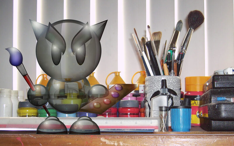 digital cat artist with art supplies
