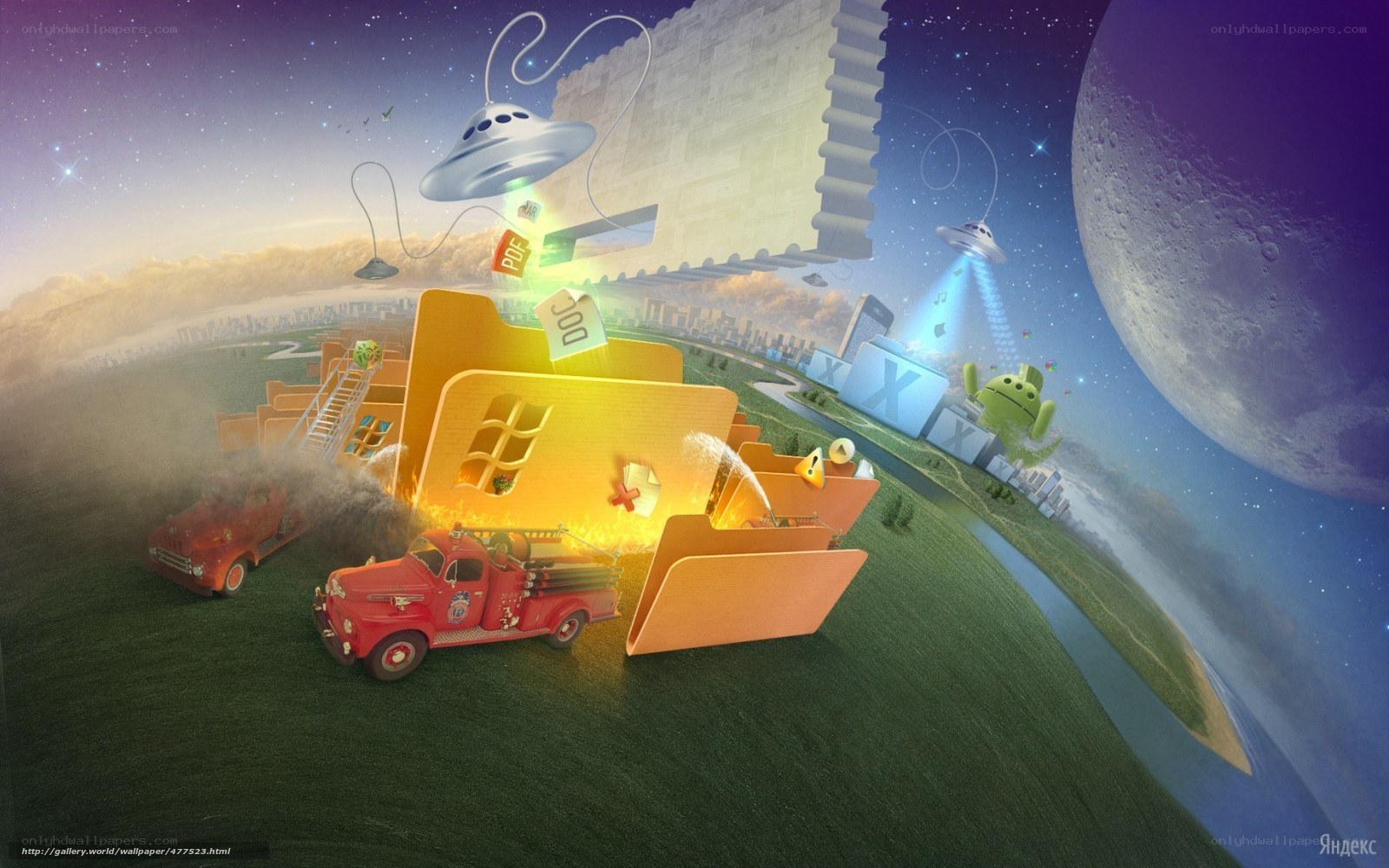 Digital chaos with fire trucks