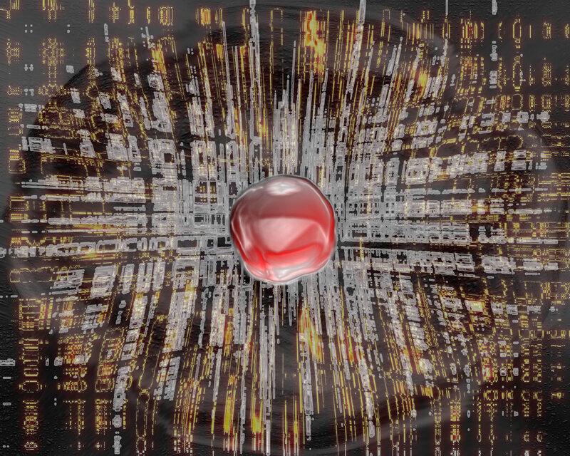 digital city with red sphere