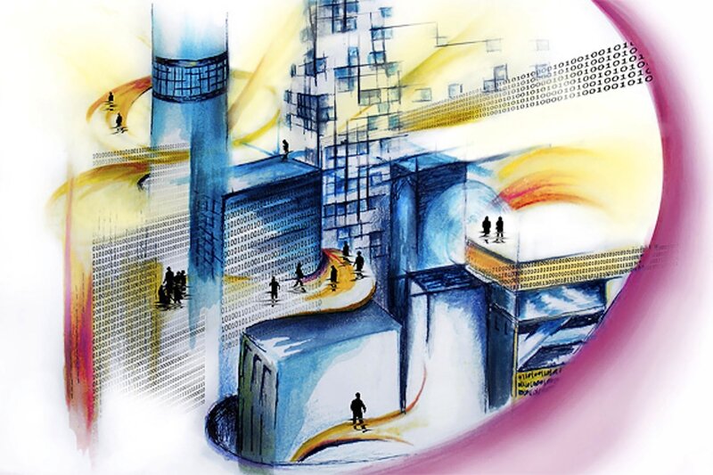 digital cityscape with binary code