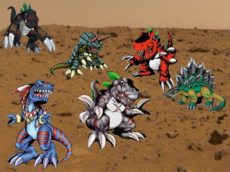 Digital dinosaur creatures in desert