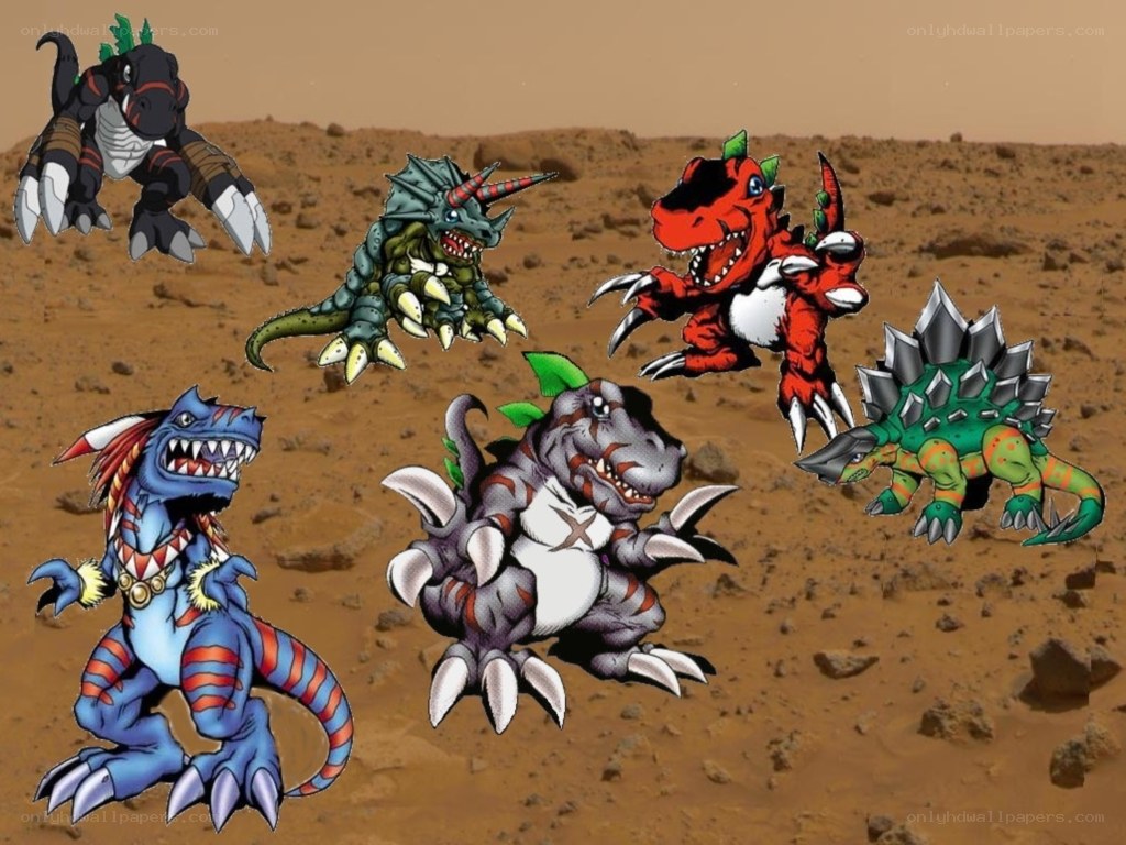 Digital dinosaur creatures in desert